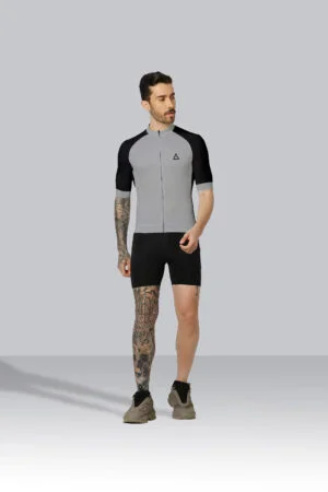 Front view of Aidan Global's Ashen Night black and gray race fit cycling jersey with delta logo and full zipper, showcasing short sleeves and ergonomic design