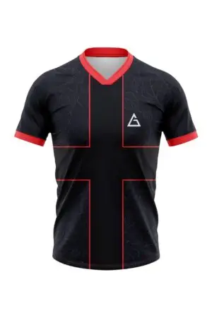 Front view of Crossfire Football Jersey in black and red with bold accents and athletic fit