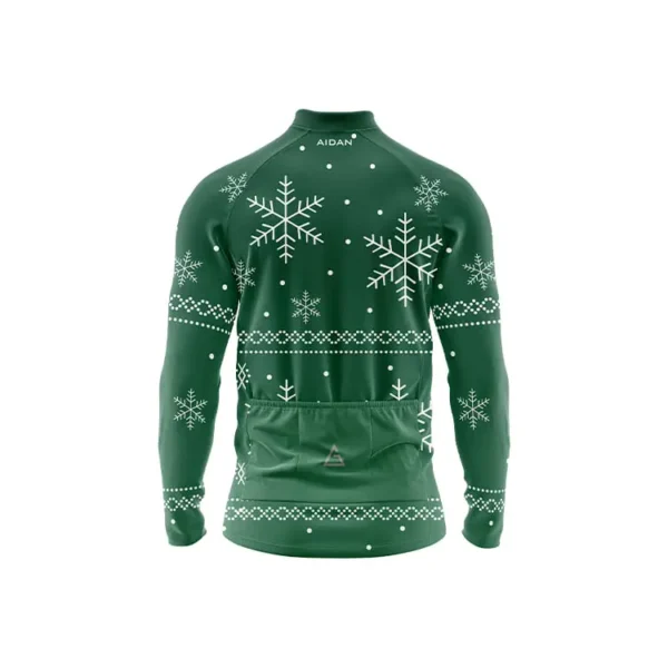 Snowdrift Winter Full Sleeve Cycling Jersey back in green dotted with snowflakes, three rear pockets, and Aidan logo for breathable winter cycling storage​​
