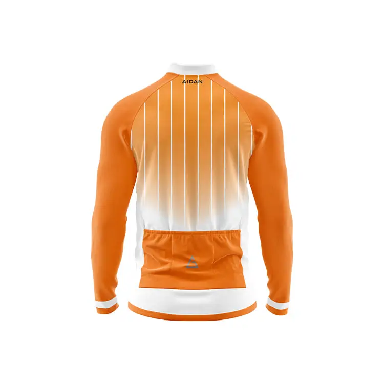 SunStride winter cycling jersey back – orange to white gradient with vertical white stripes, white collar, triple rear pockets, and prominent Aidan logo on the center pocket.