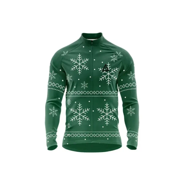 Snowdrift Winter Full Sleeve Cycling Jersey front in green with white snowflake patterns, full zipper, and Aidan logo on chest for holiday thermal performance​​